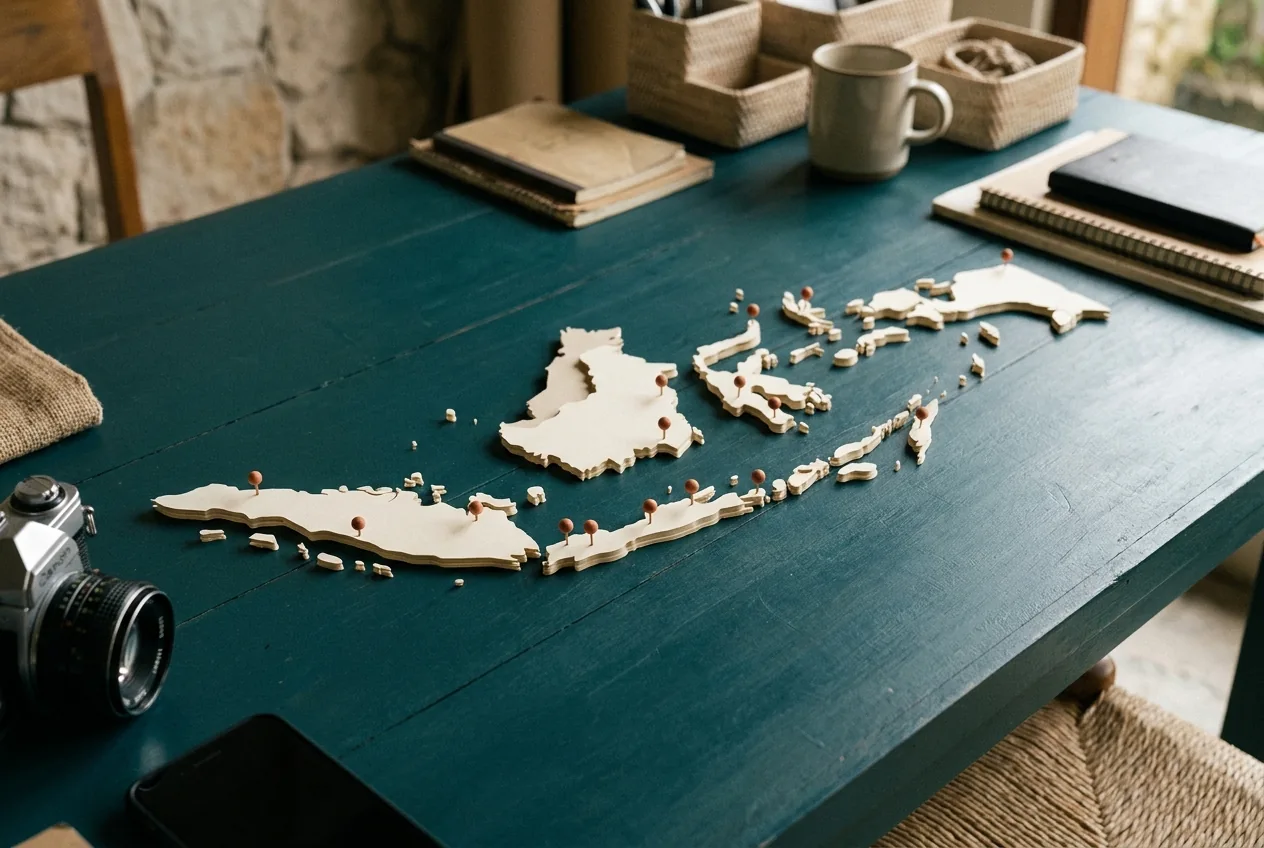 AI-generated editorial archipelago atlas representing Indonesia's creator economy